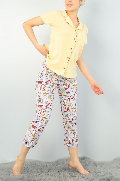 Sarı Düğmeli Bayan  Baskılı Pijama Takımı 62878
