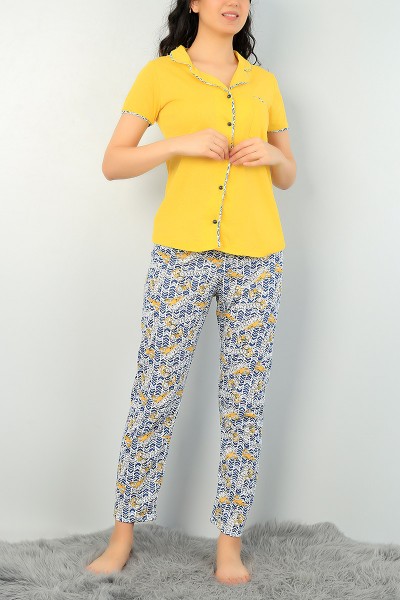 Sarı Düğmeli Bayan  Baskılı Pijama Takımı 66453