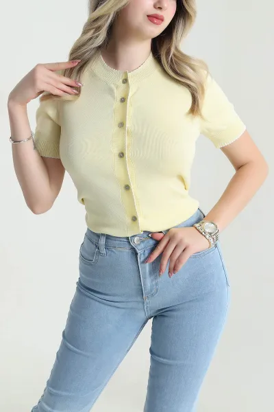 Sarı Düğmeli Çoban Dikişli Kadın Triko 477735