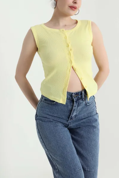 Sarı Düğmeli Kolsuz Likralı Fitilli Kadın Bluz 445856