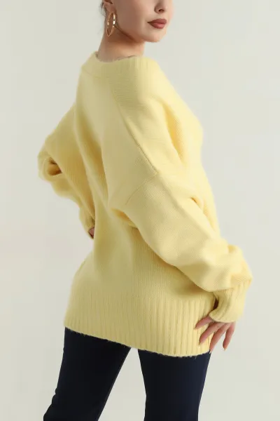 Sarı Düğmeli Oversize Kadın Triko Hırka 401059
