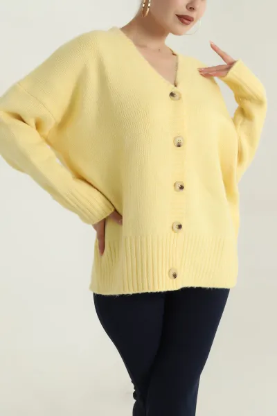 Sarı Düğmeli Oversize Kadın Triko Hırka 401059