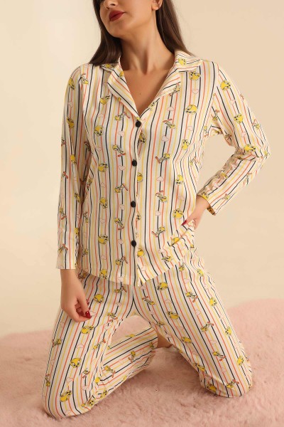 Sarı Düğmeli Süprem Bayan Pijama Takımı 211509