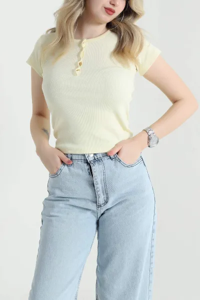 Sarı Düğmeli Yaka Fitilli Kadın Bluz 456147
