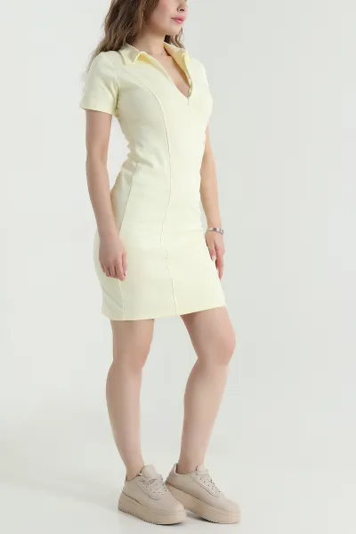 Sarı Fermuarlı Polo Yaka İnterlok Kadın Elbise 473884