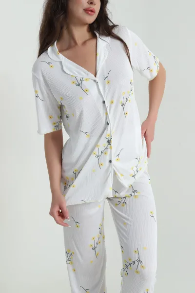 Sarı Fitilli Düğmeli Kadın Pijama Takımı 458843