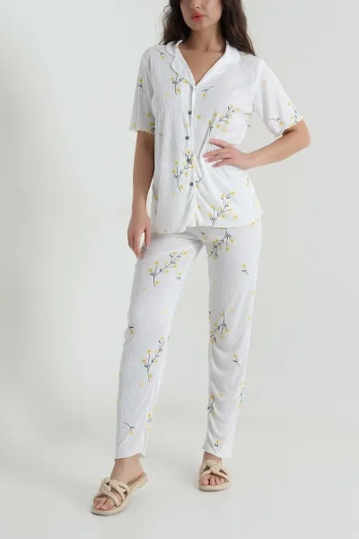 Sarı Fitilli Düğmeli Kadın Pijama Takımı 458843