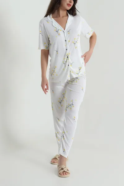 Sarı Fitilli Düğmeli Kadın Pijama Takımı 458843