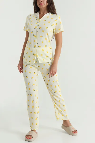 Sarı Fiyonklu Kaşkorse Kadın Pijama Takımı 476188