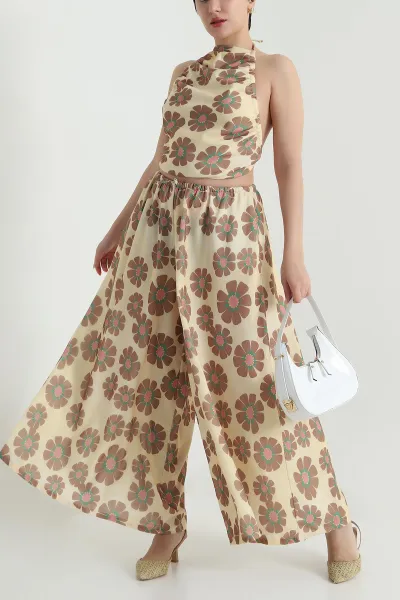 Sarı Flam Pamuk Keten Büzgülü Halter Top Pantolon Takımı 468699