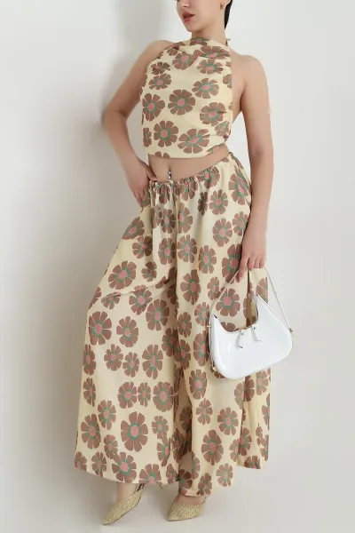 Sarı Flam Pamuk Keten Büzgülü Halter Top Pantolon Takımı 468699