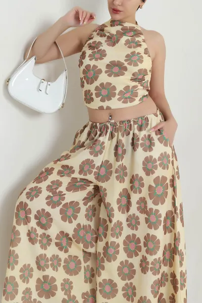 Sarı Flam Pamuk Keten Büzgülü Halter Top Pantolon Takımı 468699