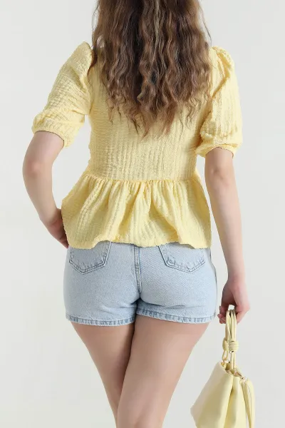 Sarı Gofre V Yaka Kadın Bluz 452307