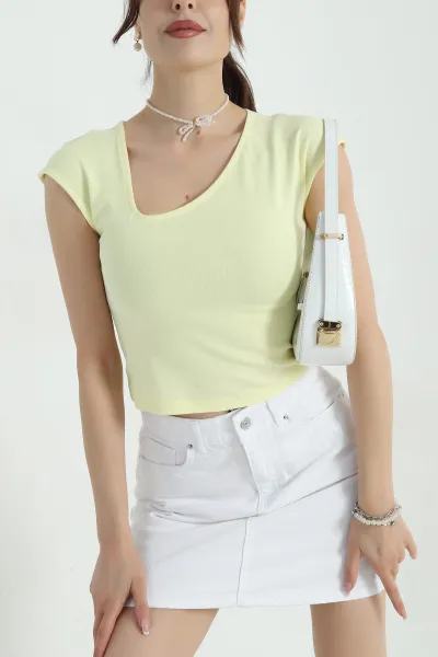 Sarı İnterlok Kolsuz Kayık Yaka Kadın Crop 373895