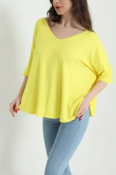 Sarı Kadın Kısa Kollu V Yakalı Salaş Viskon Bluz 441150