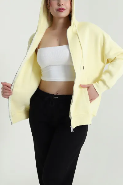 Sarı Kapşonlu Şardonlu Üç İp Kadın Sweat 482266