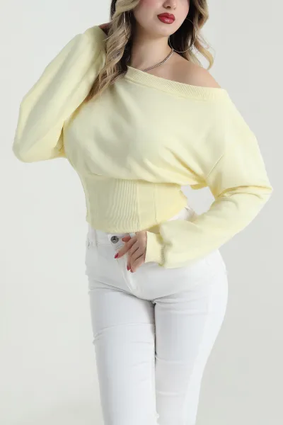 Sarı Kayık Yaka Üç İp Kadın Bluz 492553