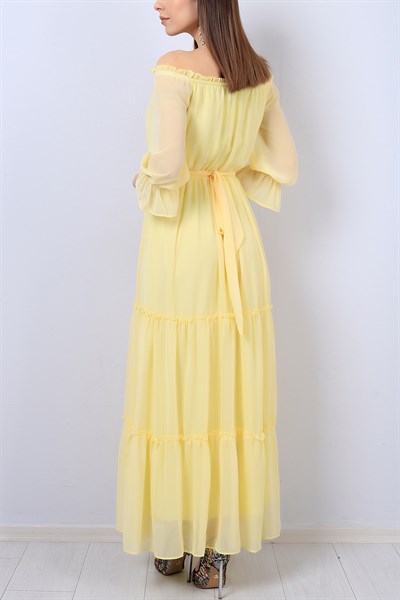 Sarı Kemerli Bükümlü Bayan Şifon Elbise 13623B