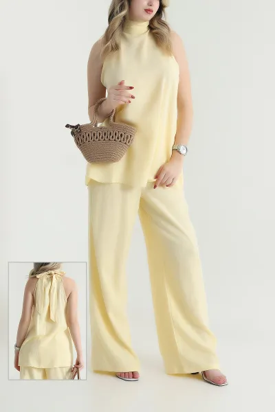 sari-keten-flamli-bluz-pantolon-kadin-ikili-takim-464773
