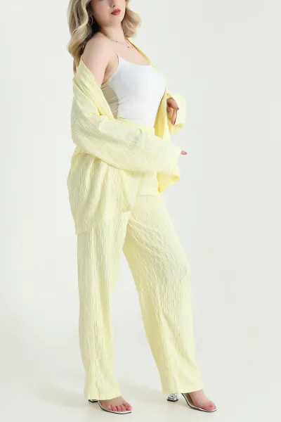 Sarı Kimono Pantolon Gofre Kadın İkili Takım 458358