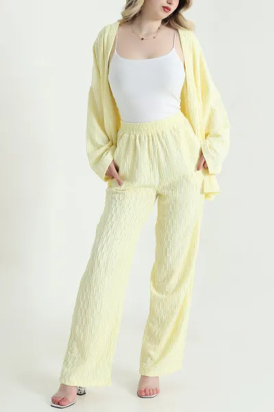 Sarı Kimono Pantolon Gofre Kadın İkili Takım 458358