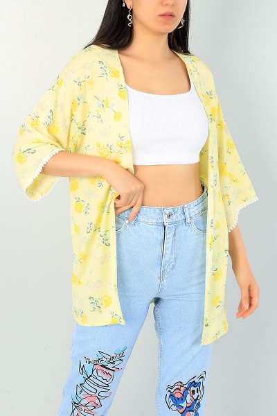 Sarı Kolu Dantelli Dokuma Kimono 71002