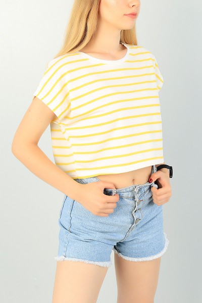 Sarı Krem Çizgili Bayan Crop Tşört 71624