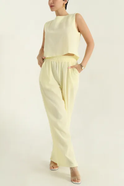 Sarı Krinkıl Bluz Pantolon Kadın İkili Takım 374507