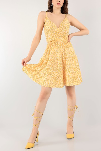 Sarı Kruvaze Yaka Desenli Elbise 115827