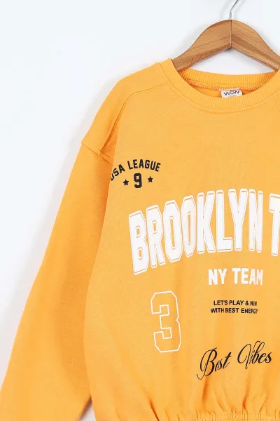 Sarı Lacivert (9-12 Yaş) Brooklyn Team Baskılı Belden Lastikli 3 İp Şardonlu Kız Çocuk Kışlık Takım 405089