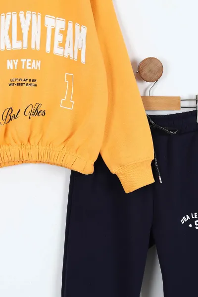 Sarı Lacivert (9-12 Yaş) Brooklyn Team Baskılı Belden Lastikli 3 İp Şardonlu Kız Çocuk Kışlık Takım 405089