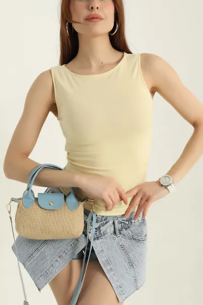 Sarı Likralı Büzgülü  Kolsuz Kadın Bluz 363460