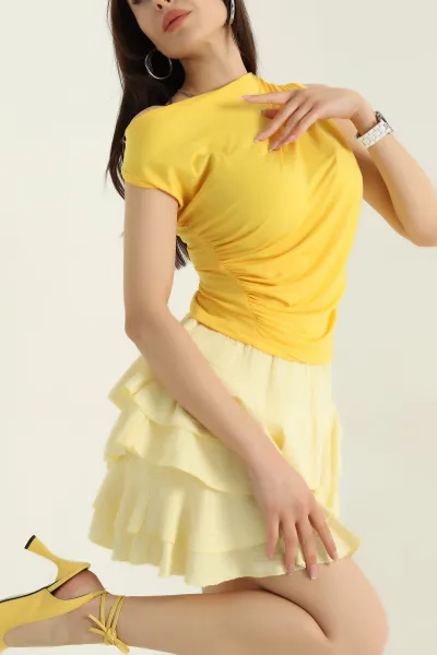 Sarı Likralı Büzgülü Sandy Kadın Bluz 371037
