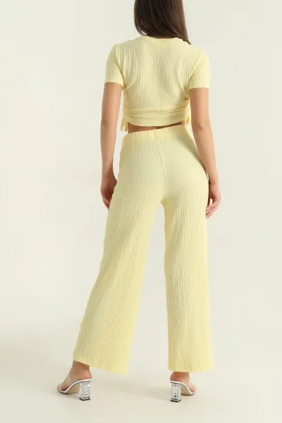 Sarı Likralı Gofre Bluz Pantolon Kadın İkili Takım 374966