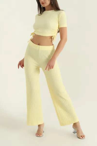 Sarı Likralı Gofre Bluz Pantolon Kadın İkili Takım 374966