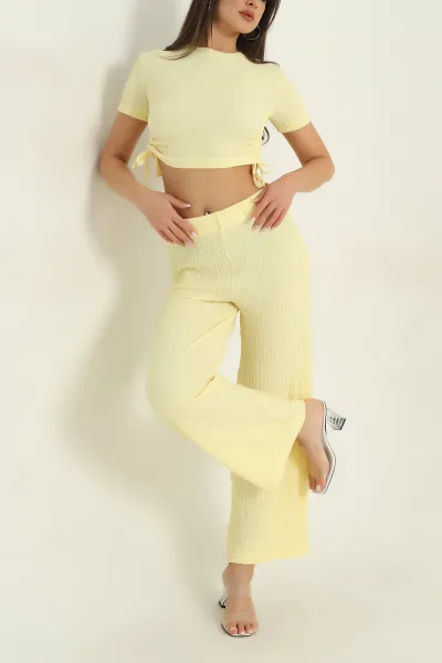 Sarı Likralı Gofre Bluz Pantolon Kadın İkili Takım 374966