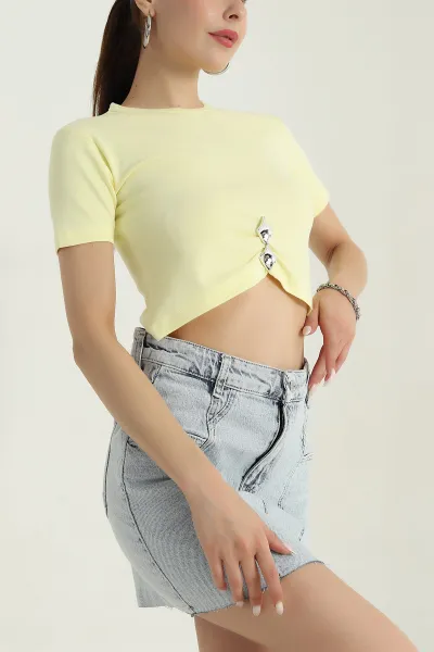 Sarı Likralı İnterlok Kadın Crop Bluz 378665