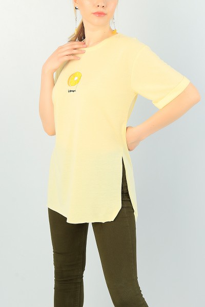 Sarı Limon Nakışlı Bayan Yırtmaçlı Tişört 66673