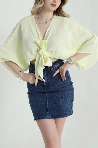 Sarı Müslin Keten Kadın Kimono Bluz 457343