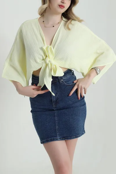 Sarı Müslin Keten Kadın Kimono Bluz 457343