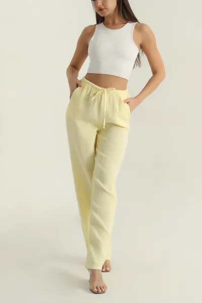 Sarı Müslin Keten Kadın Pantolon 377405