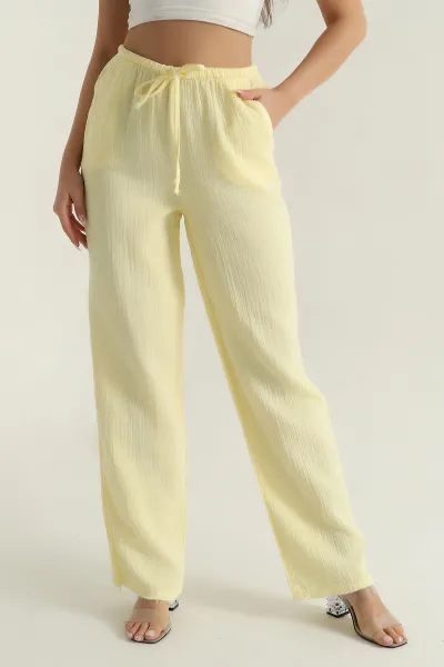 Sarı Müslin Keten Kadın Pantolon 377405