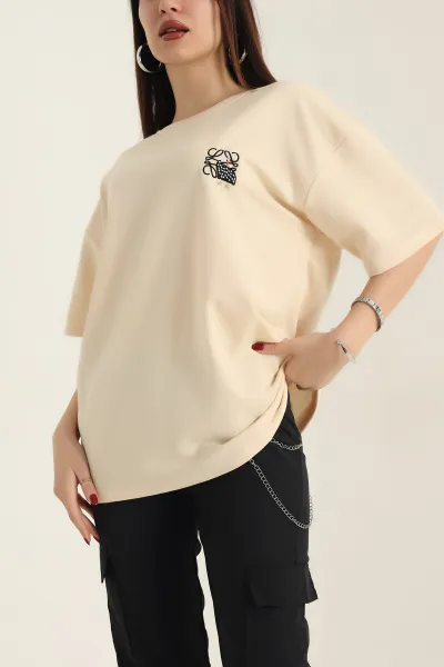 Sarı Nakışlı Bisiklet Yaka Oversize İki Bayan Tişört 337636