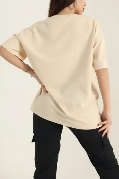 Sarı Nakışlı Bisiklet Yaka Oversize İki Bayan Tişört 337636