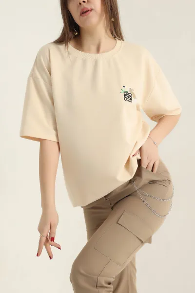 Sarı Nakışlı Bisiklet Yaka Oversize İki Bayan Tişört 337662