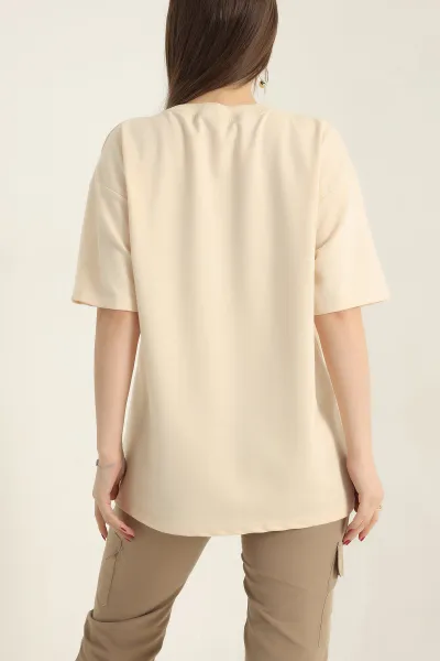 Sarı Nakışlı Bisiklet Yaka Oversize İki Bayan Tişört 337662