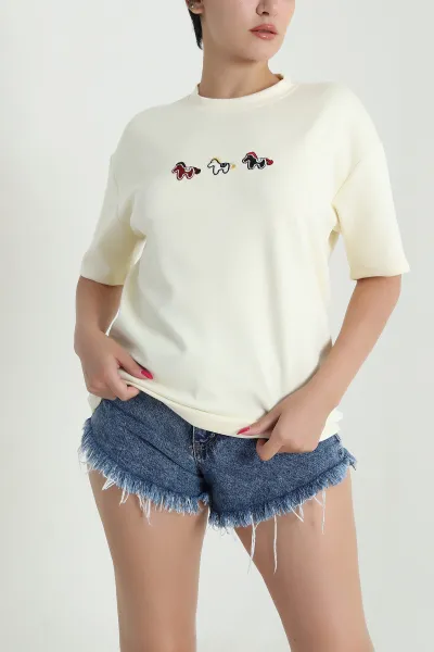 Sarı Nakışlı Modal Kadın Tişört 476953