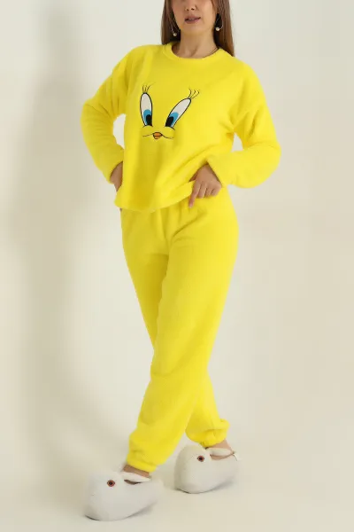 Sarı Nakışlı Peluş Kadın Pijama Takımı 407495
