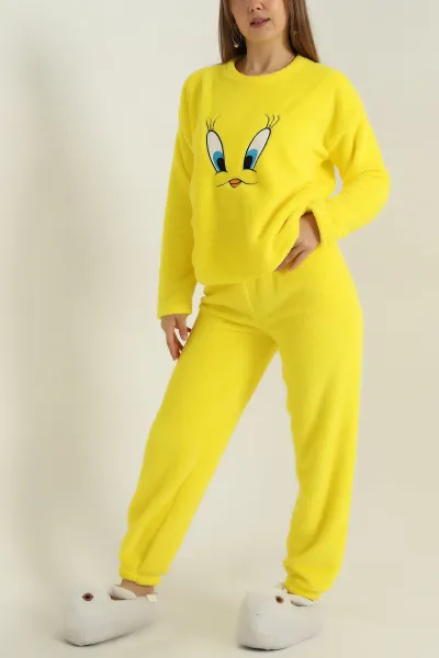 Sarı Nakışlı Peluş Kadın Pijama Takımı 407495