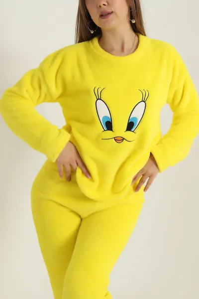 Sarı Nakışlı Peluş Kadın Pijama Takımı 407495